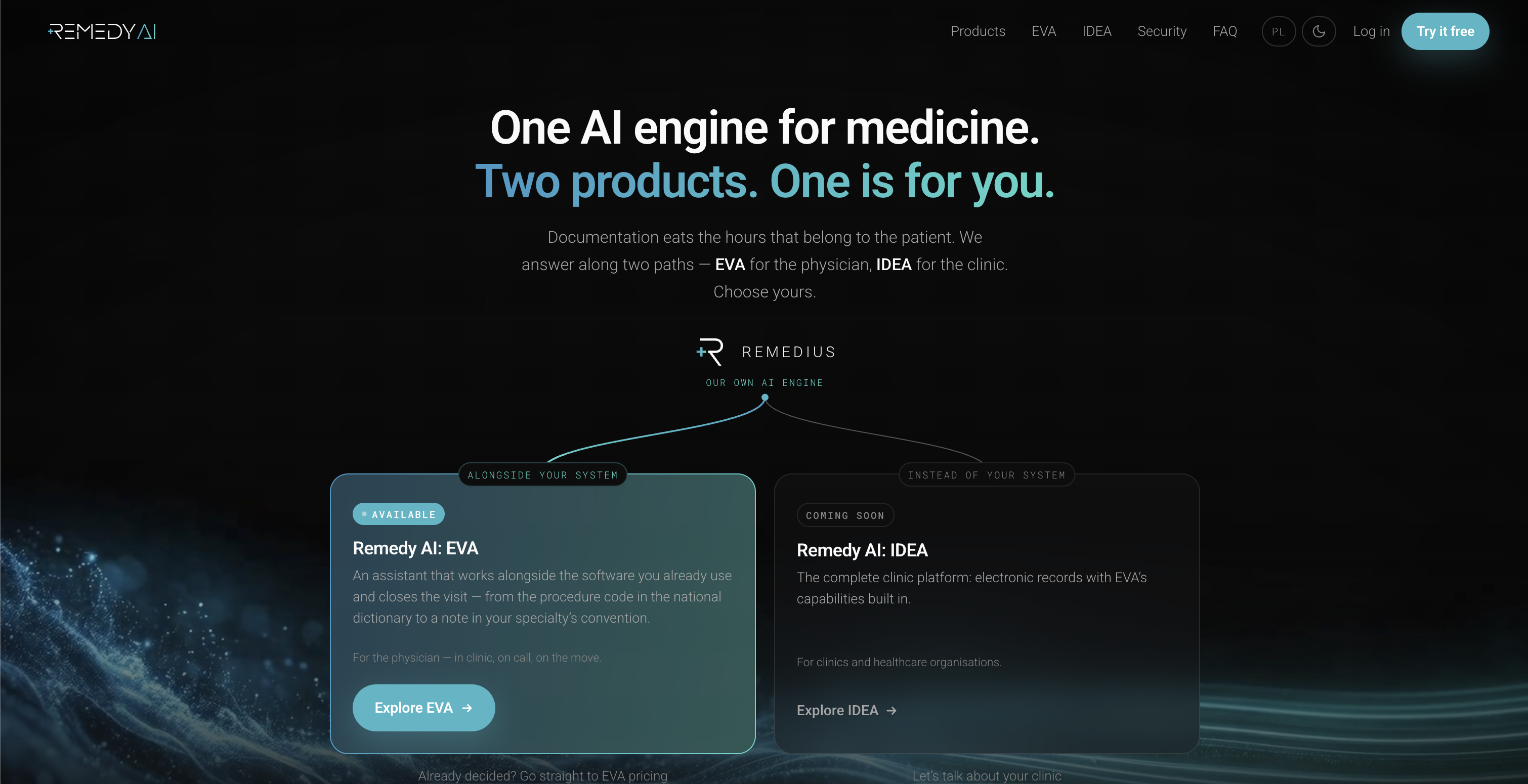 Remedius product page presenting EVA and IDEA medical AI products
