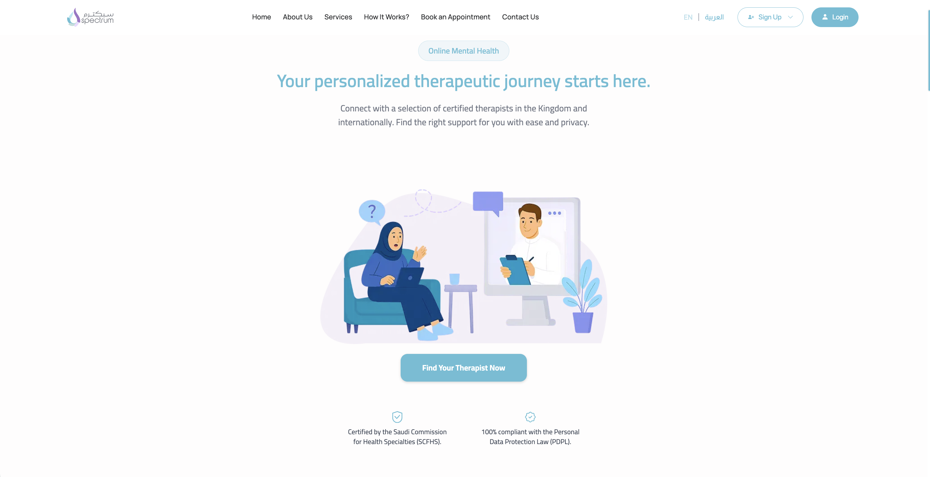 Spectrum online mental-health page showing a remote therapy consultation illustration